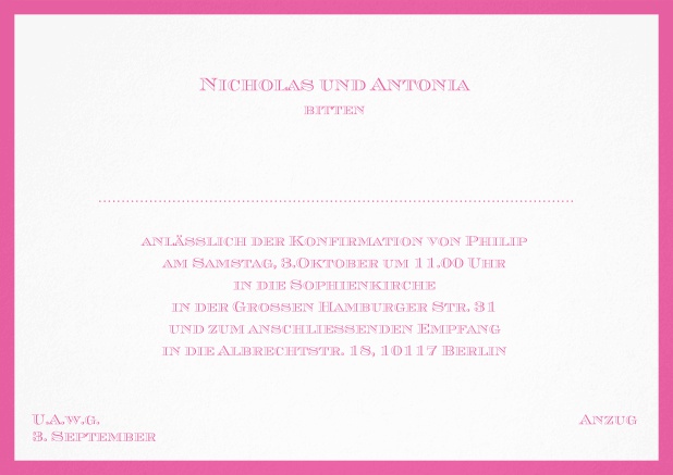 Klassische Einladungskarte zur Konfirmation in mehreren Farbvariationen. Rosa.