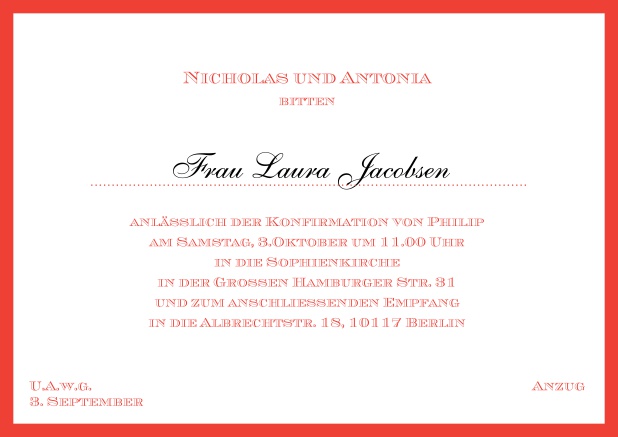 Online klassische Einladungskarte zur Konfirmation in mehreren Farbvariationen. Rot.