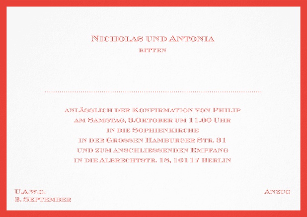 Klassische Einladungskarte zur Konfirmation in mehreren Farbvariationen. Rot.