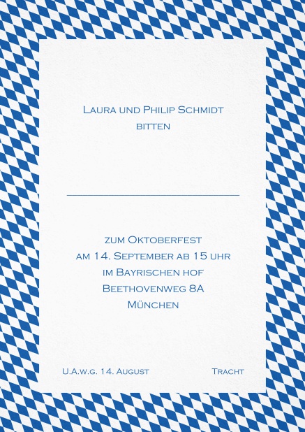 Einladungskarte mit bayerischen Rautenflaggen in verschiedenen Farben. Blau.