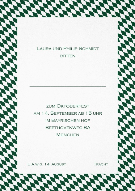 Einladungskarte mit bayerischen Rautenflaggen in verschiedenen Farben. Grün.