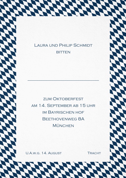 Einladungskarte mit bayerischen Rautenflaggen in verschiedenen Farben. Marine.