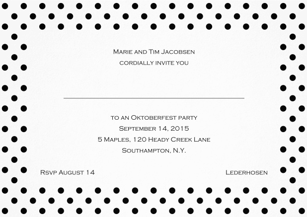 Classic invitation card with large poka dotted frame and editable text. Black.