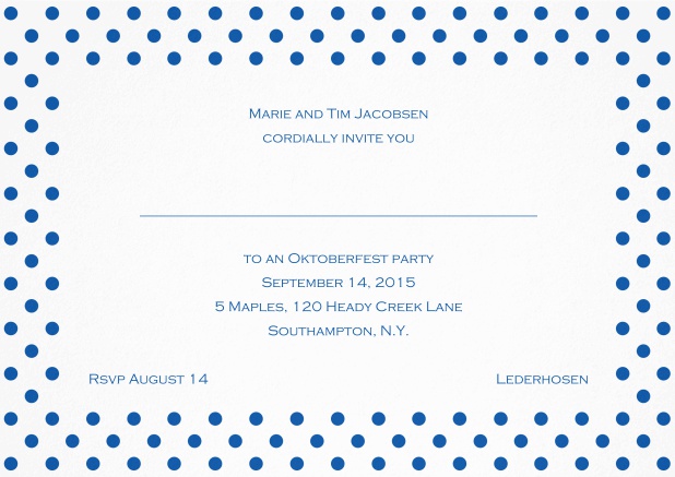 Classic invitation card with large poka dotted frame and editable text. Blue.