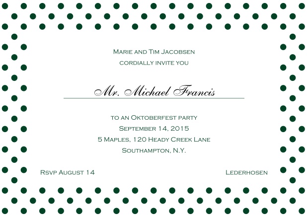 Classic online invitation card with large poka dotted frame and editable text. Green.