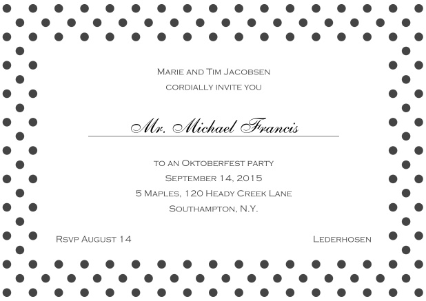 Classic online invitation card with large poka dotted frame and editable text. Grey.