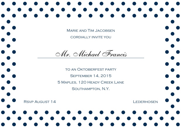 Classic online invitation card with large poka dotted frame and editable text. Navy.