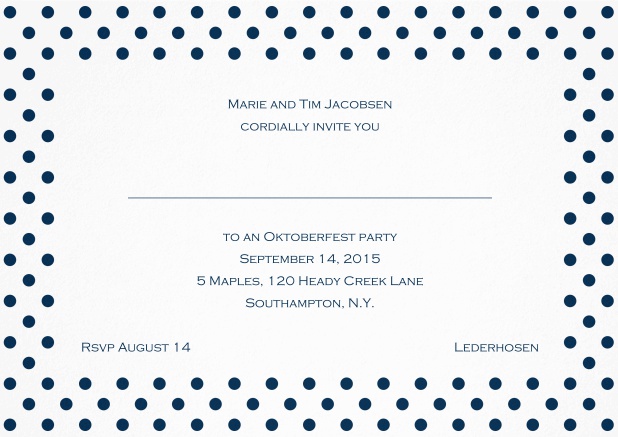 Classic invitation card with large poka dotted frame and editable text. Navy.
