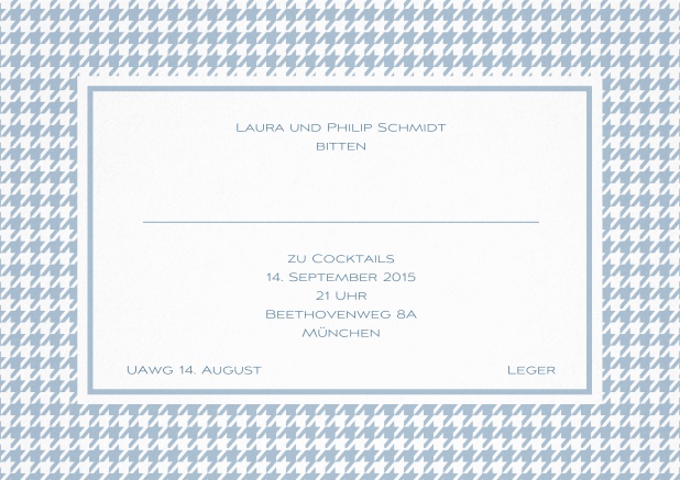 Klassische Einladungskarte mit Rahmen im modernen Tracht, editierbarem Text und Linie für die Anrede. Blau.
