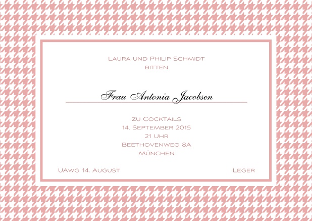 Klassische Online Einladungskarte mit Rahmen im modernen Tracht, editierbarem Text und Linie für die Anrede. Rosa.