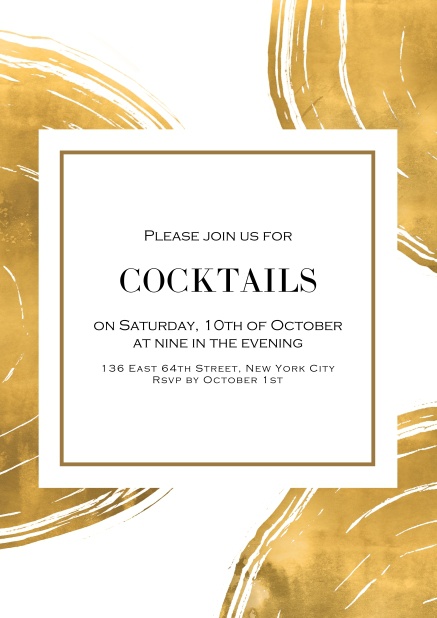 Online Cocktail Einladungskarte mit goldenen gemalten Tellern.
