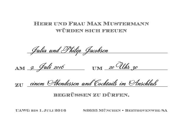 Klassische Einladungskarte zum Vordrucken, aber mit editierbarem Text für Online Einladungen. Schwarz.
