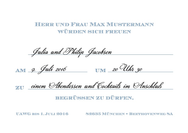 Klassische Einladungskarte zum Vordrucken, aber mit editierbarem Text für Online Einladungen. Blau.