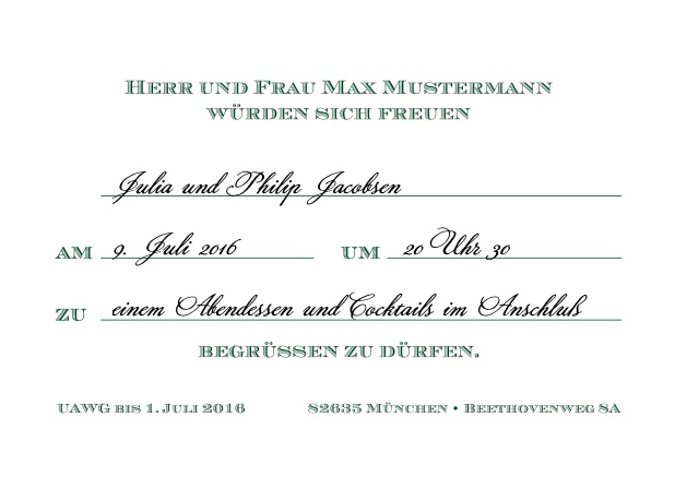 Klassische Einladungskarte zum Vordrucken, aber mit editierbarem Text für Online Einladungen. Grün.