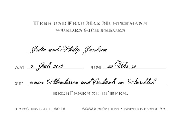 Klassische Einladungskarte zum Vordrucken, aber mit editierbarem Text für Online Einladungen. Grau.