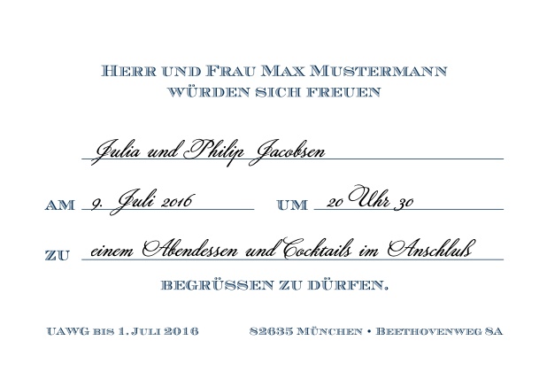 Klassische Einladungskarte zum Vordrucken, aber mit editierbarem Text für Online Einladungen. Marine.