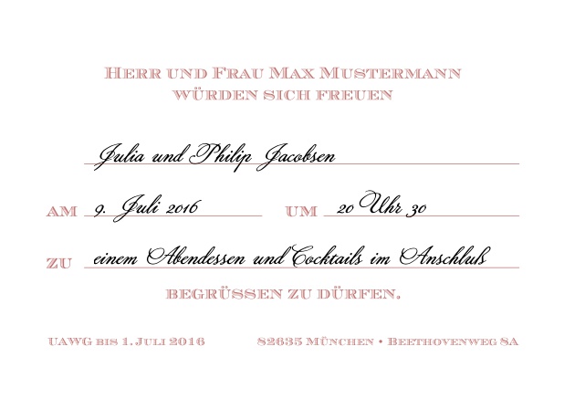 Klassische Einladungskarte zum Vordrucken, aber mit editierbarem Text für Online Einladungen. Rosa.