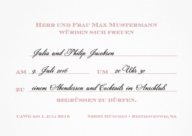 Kölner Antwort - Rosa - Klassische Einladungskarten Klassische Einladungskarte zum Vordrucken und später ausfüllen. Hier mit vorausgefülltem und entfernbarem Text. Rosa.