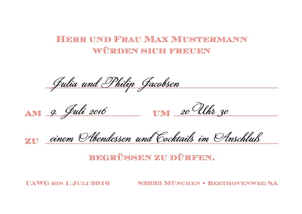 Klassische Einladungskarte zum Vordrucken, aber mit editierbarem Text für Online Einladungen. Rot.