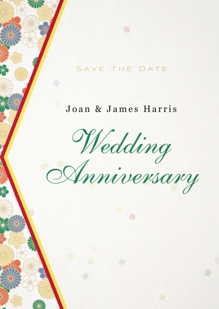 Einladungskarte zum Hochzeitstag mit bunten Blumen auf der linken Seite.