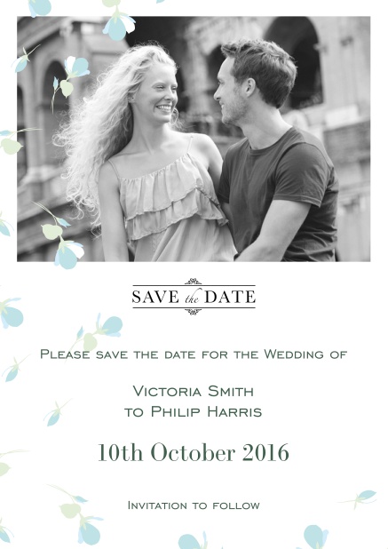 Online Save the date card with rectangle photo and blue flowers.