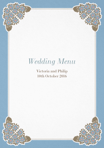 Menu card design with floral art-nouveau ornements inside a colorful frame. Blue.