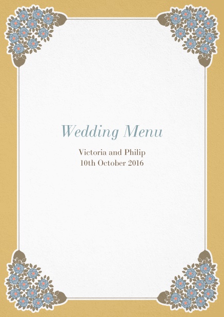 Menu card design with floral art-nouveau ornements inside a colorful frame. Gold.