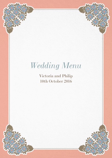 Menu card design with floral art-nouveau ornements inside a colorful frame. Pink.