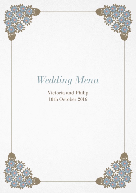 Menu card design with floral art-nouveau ornements inside a colorful frame. White.