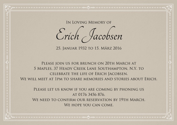 Classic Memorial invitation card in various colors with fein lines as a frame. Beige.