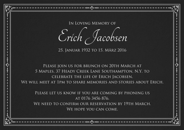 Classic Memorial invitation card in various colors with fein lines as a frame. Black.