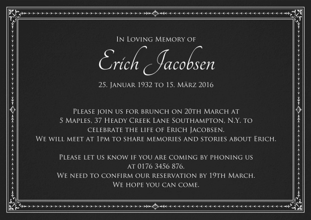 Classic Memorial invitation card in various colors with fein lines as a frame. Black.