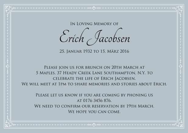 Online Classic Memorial invitation card in various colors with fein lines as a frame. Blue.