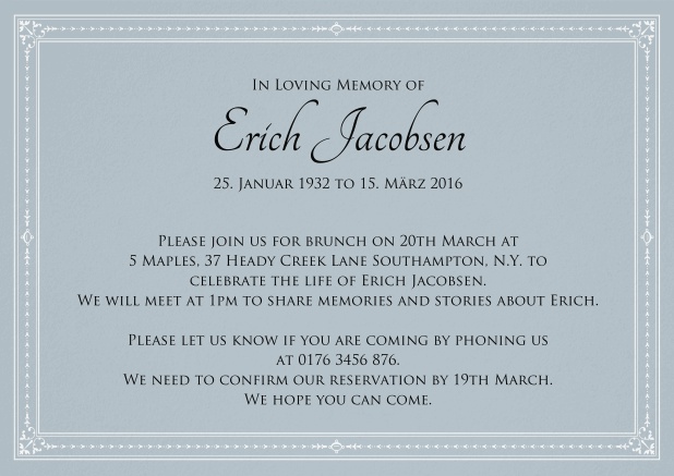 Classic Memorial invitation card in various colors with fein lines as a frame. Blue.