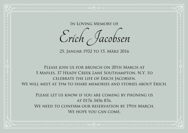 Online Classic Memorial invitation card in various colors with fein lines as a frame. Green.