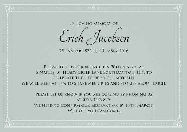 Classic Memorial invitation card in various colors with fein lines as a frame. Green.