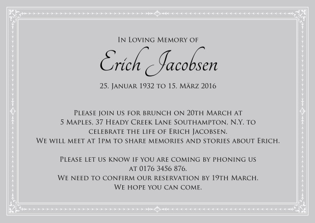 Online Classic Memorial invitation card in various colors with fein lines as a frame. Grey.