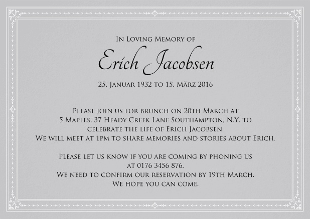 Classic Memorial invitation card in various colors with fein lines as a frame. Grey.