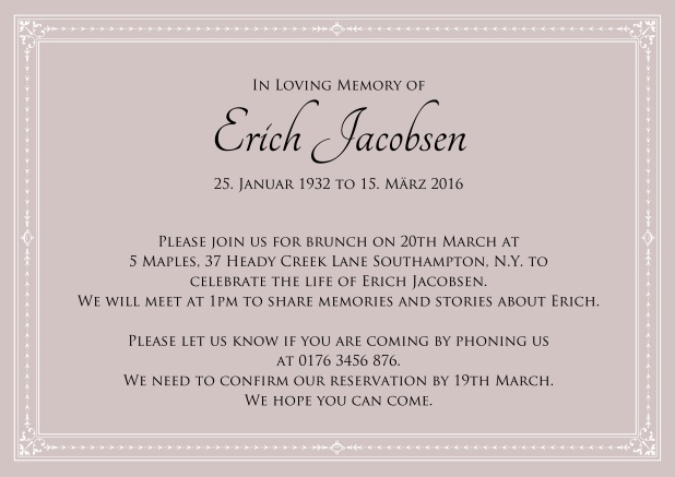 Online Classic Memorial invitation card in various colors with fein lines as a frame. Pink.