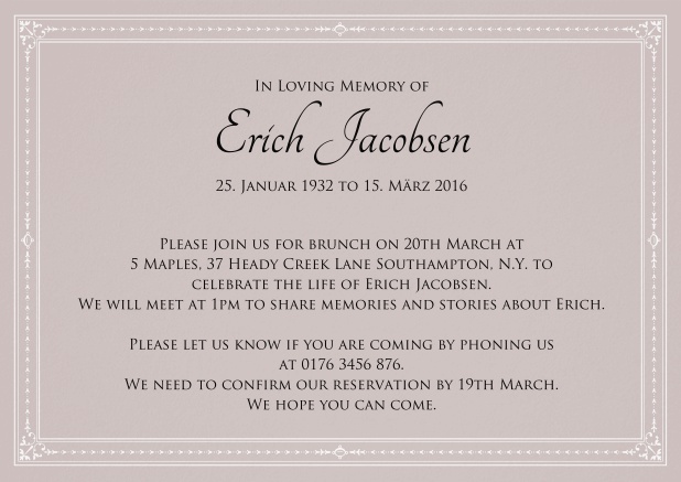 Classic Memorial invitation card in various colors with fein lines as a frame. Pink.