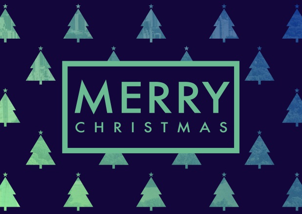 Corporate Christmas card with blue and green gradient Christmas Trees.