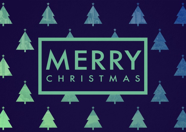 Corporate Christmas card with blue and green gradient Christmas Trees.