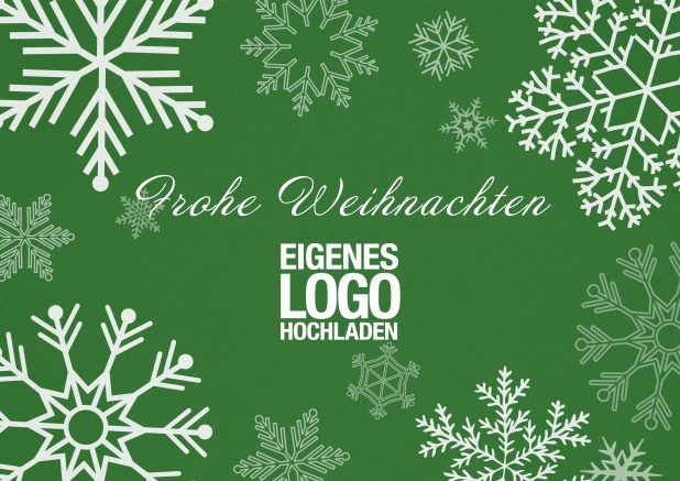 Weihnachtskarte geschäftlich mit großen weißen Schneeflocken Grün.