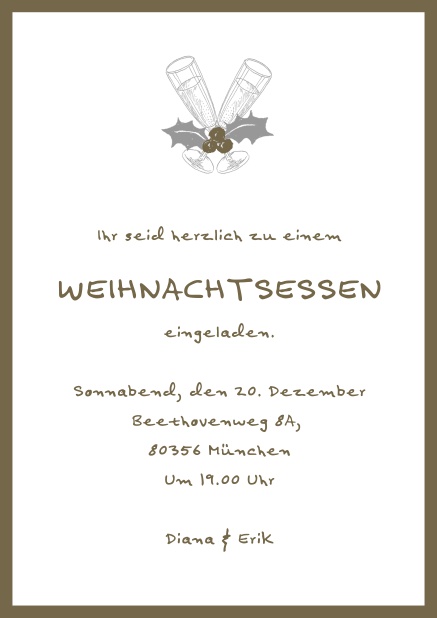Online Weihnachtsfeier Einladung mit champagner Glässern und Weihnachtszweigen. Braun.