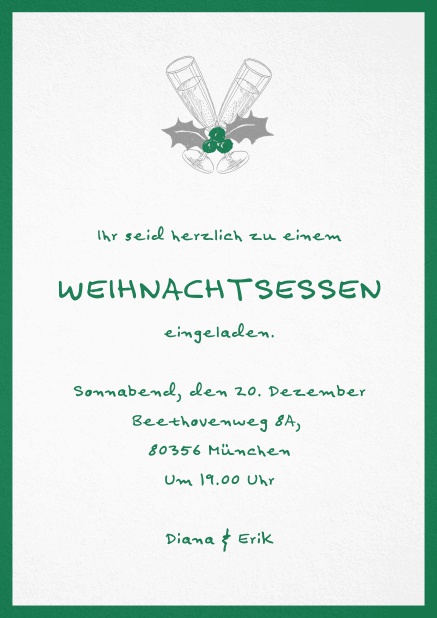 Weihnachtsfeier Einladung mit champagner Glässern und Weihnachtszweigen. Grün.
