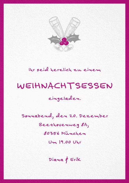 Weihnachtsfeier Einladung mit champagner Glässern und Weihnachtszweigen. Rosa.