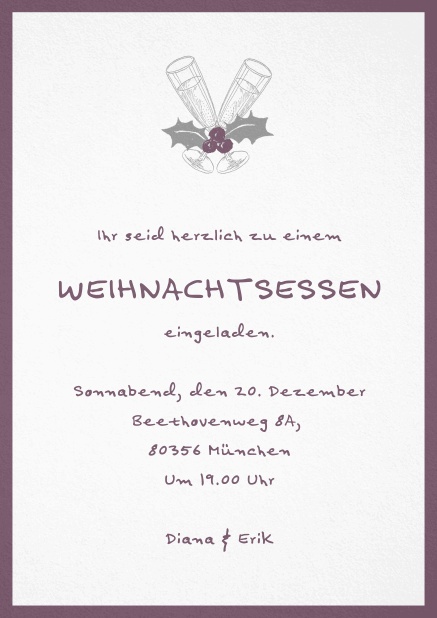 Weihnachtsfeier Einladung mit champagner Glässern und Weihnachtszweigen. Lila.