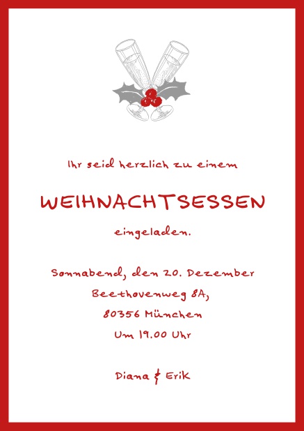 Online Weihnachtsfeier Einladung mit champagner Glässern und Weihnachtszweigen. Rot.