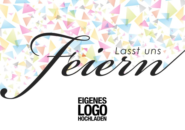 Online Party Einladungskarte mit bunter Party Deko und illustriertem Text "Lasst uns feiern".