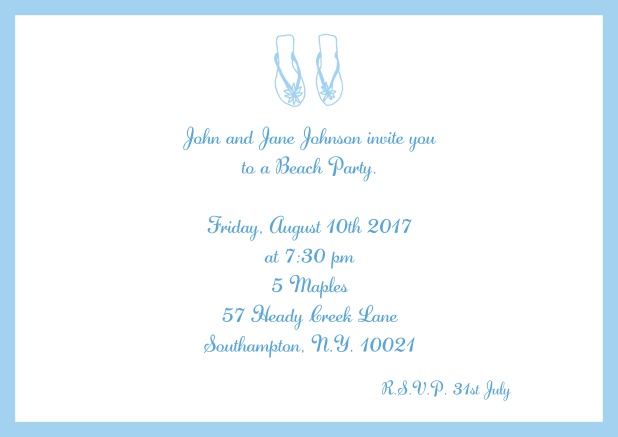 Online Summer invitation card with flip flops in various colors. Blue.
